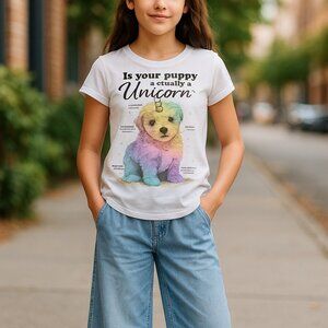 JUSTICE Is Your Puppy Actually a Unicorn Graphic Tee Girls 6 7 Glitter Rainbow